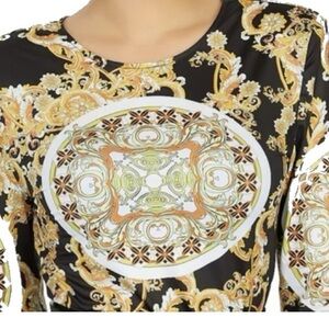 Women's Black & Gold Baroque Print Long Sleeve Top